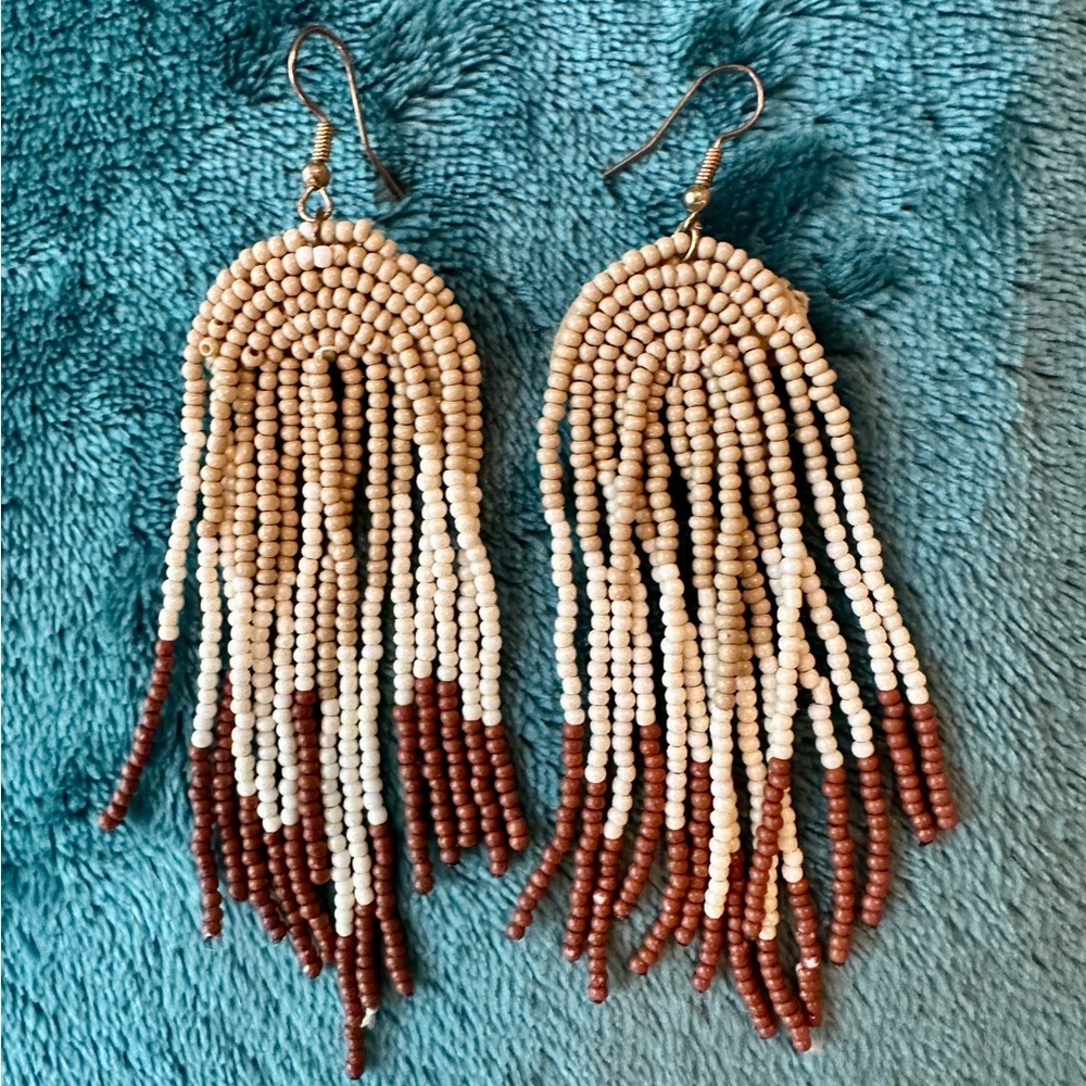 Beaded Fringe Earrings in Cream, Tan and Brown